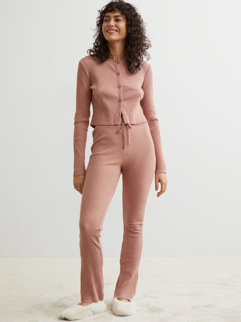 

H&M Pink Solid Ribbed Cotton Trousers