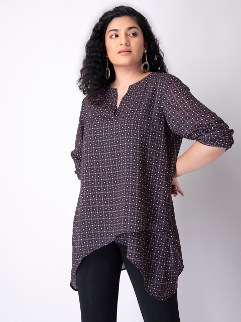 

FabAlley Curve Black & Brown Geometric Print Asymmetric A-line Top