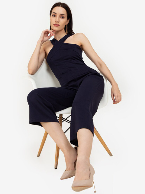 

ZALORA WORK Women Navy Blue Cross Front Halter Neck Jumpsuit