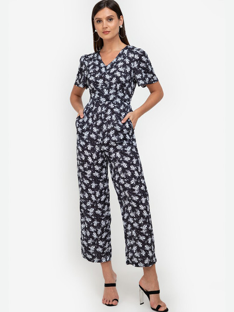 

ZALORA WORK Women Black & White Printed V Neck High Waist Basic Jumpsuit