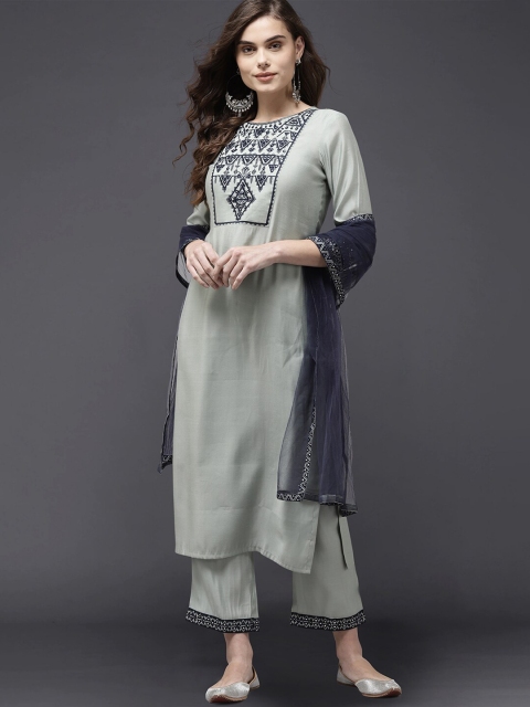 

Indo Era Women Grey Yoke Design Empire Kurti with Trousers & With Dupatta