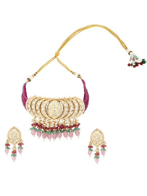 

Runjhun Gold-Plated White Kundan-Studded & Pearl Beaded Jewellery Set