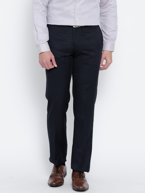 

Blackberrys Men Navy Solid Slim Flat-Front Formal Trousers, Navy blue