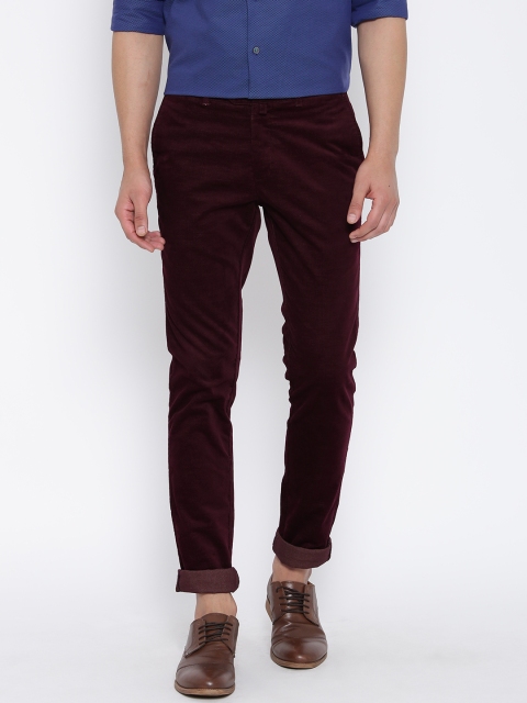 

Blackberrys Men Burgundy Solid Flat-Front Trousers