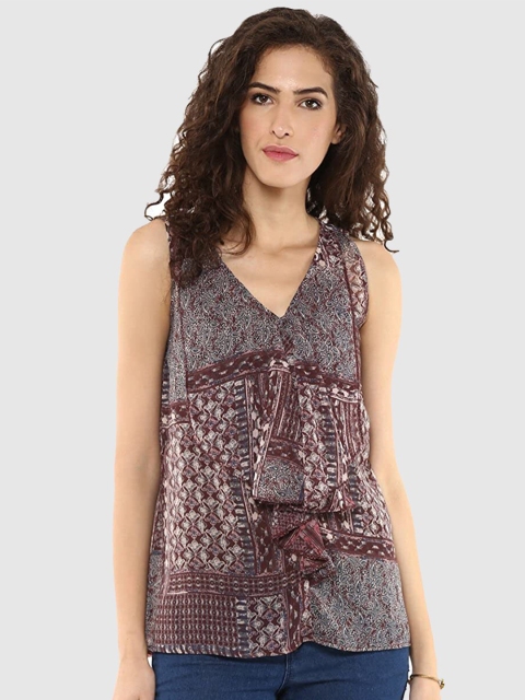 

Magnetic Designs Brown & White Print Georgette Top