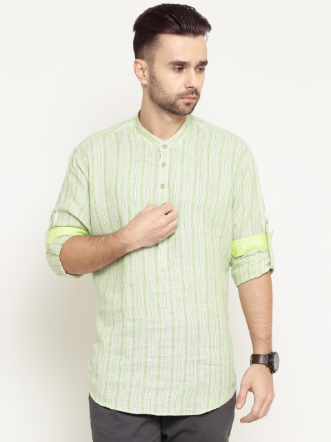 

Blackberrys Men Beige & Green Linen Striped Casual Shirt