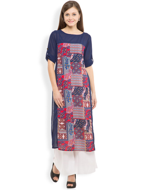 

Vishudh Women Navy Printed Straight Kurta, Navy blue