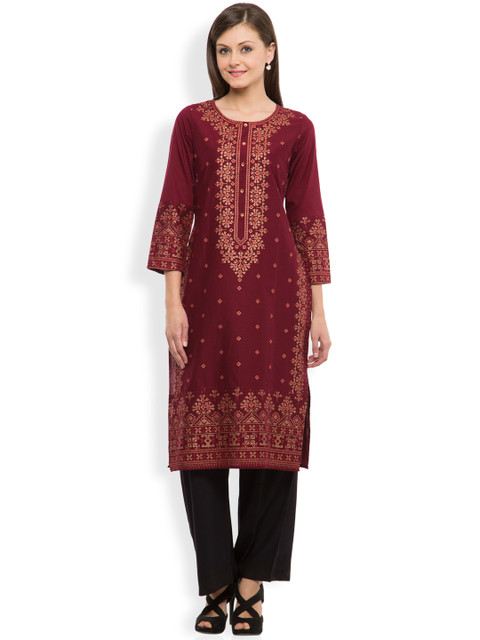 

Vishudh Women Maroon Printed Straight Kurta