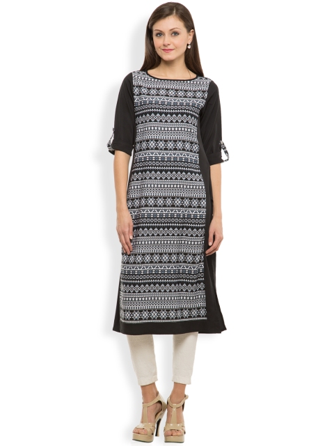 

Vishudh Women Black Printed Straight Kurta
