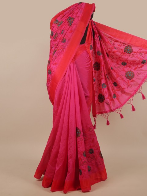 

Pothys Pink & Red Floral Embroidered Art Silk Saree