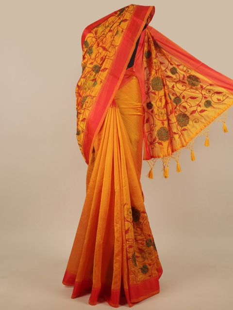 

Pothys Mustard & Red Floral Embroidered Art Silk Saree