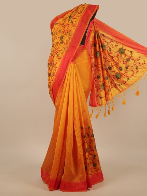 

Pothys Mustard Yellow & Red Floral Embroidered Art Silk Saree