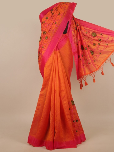 

Pothys Orange Floral Embroidered Art Silk Saree