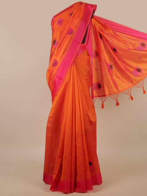 

Pothys Orange & Magenta Floral Embroidered Art Silk Saree