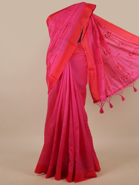 

Pothys Pink & Red Ethnic Motifs Embroidered Art Silk Saree