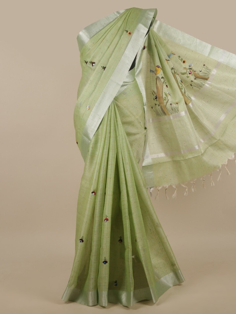 

Pothys Green & Silver-Toned Ethnic Motifs Embroidered Tissue Saree