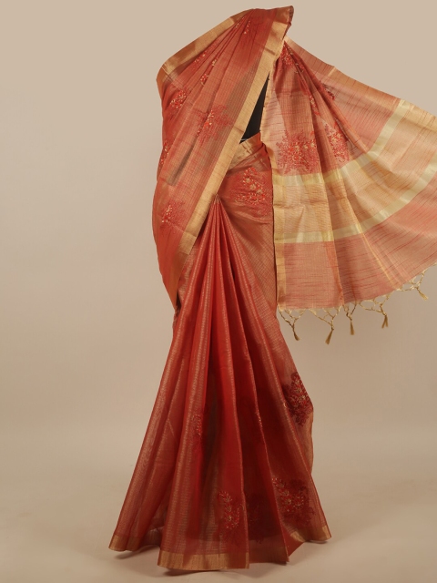 

Pothys Rust & Gold-Toned Floral Embroidered Zari Tissue Saree