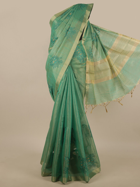 

Pothys Green & Gold-Toned Paisley Embroidered Tissue Saree