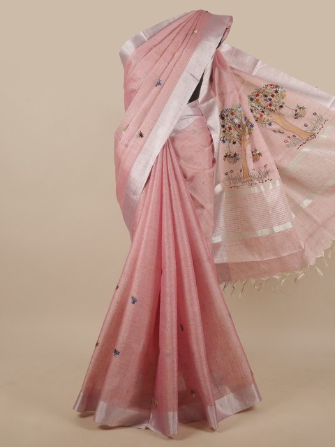 

Pothys Pink & Blue Floral Embroidered Zari Tissue Saree