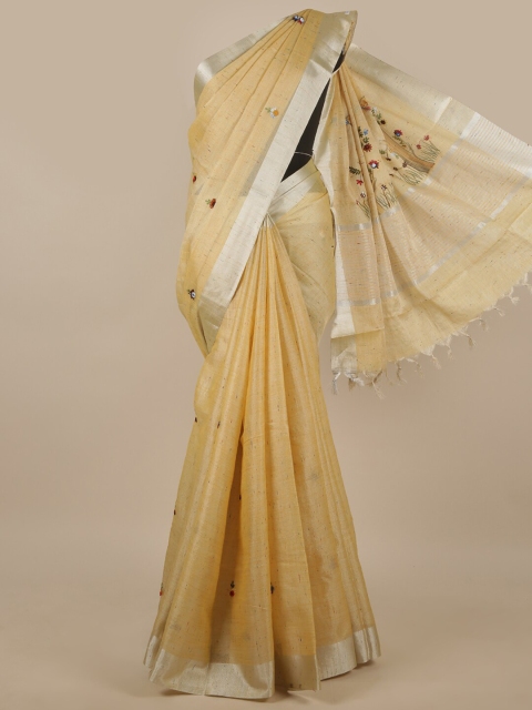 

Pothys Beige & Silver-Toned Floral Zari Tissue Saree