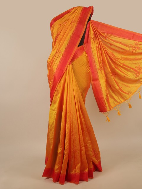 

Pothys Yellow & Red Floral Embroidered Art Silk Saree