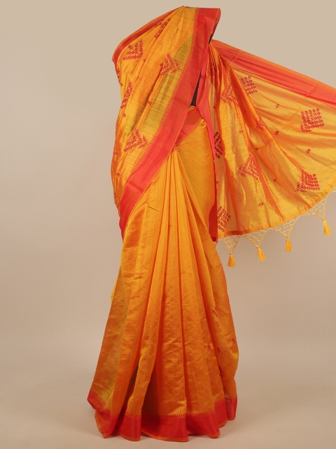 

Pothys Yellow & Red Floral Embroidered Art Silk Saree