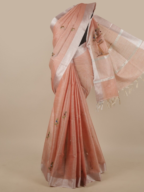 

Pothys Peach-Coloured & Silver-Toned Floral Tissue Saree