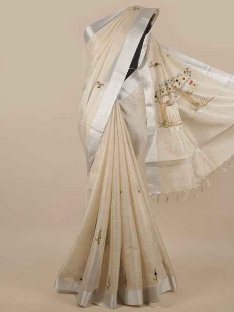 

Pothys Cream-Coloured & Silver-Toned Floral Embroidered Zari Tissue Saree