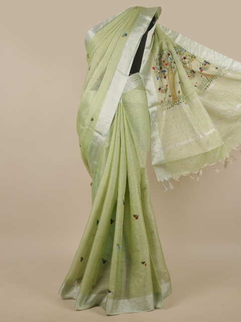 

Pothys Green & Silver-Toned Ethnic Motifs Embroidered Tissue Saree