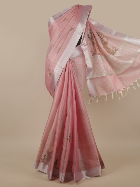 

Pothys Pink & Silver-Toned Floral Zari Tissue Saree