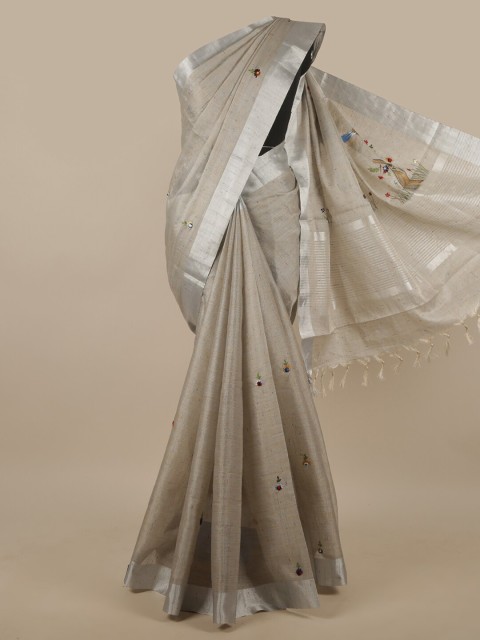 

Pothys Grey & Silver-Toned Ethnic Motifs Embroidered Tissue Saree