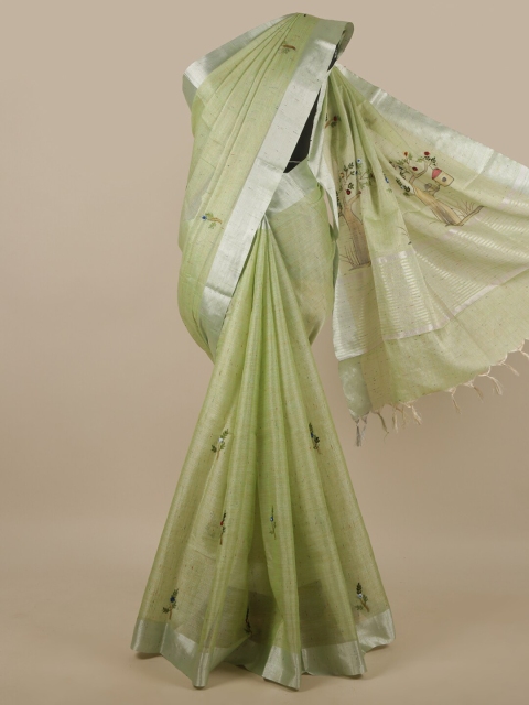 

Pothys Green & Silver-Toned Floral Zari Tissue Saree