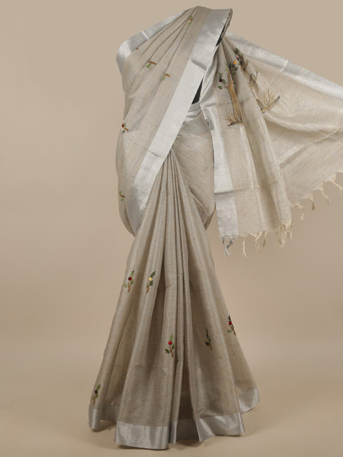 

Pothys Grey & Green Floral Zari Tissue Saree