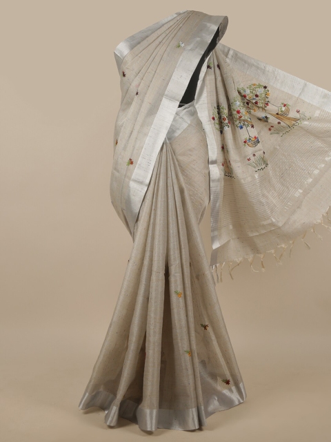 

Pothys Grey & Silver-Toned Ethnic Motifs Embroidered Tissue Saree