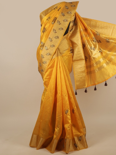 

Pothys Yellow & Gold-Toned Embellished Beads and Stones Saree