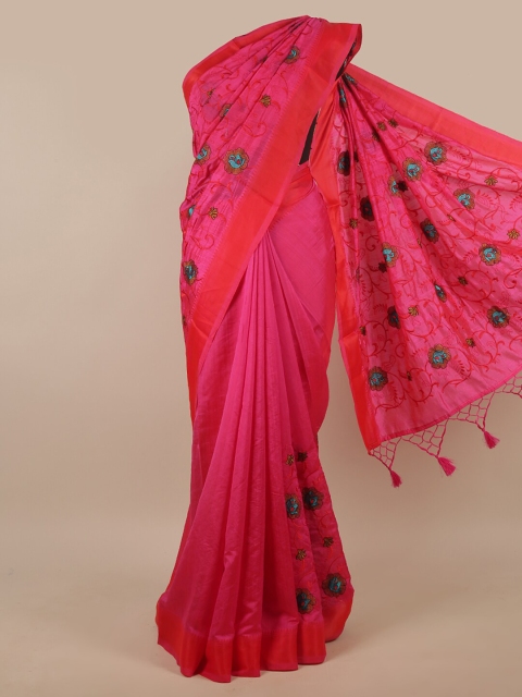 

Pothys Pink & Green Floral Embroidered Art Silk Saree