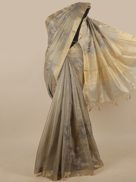 

Pothys Taupe & Gold-Toned Paisley Embroidered Tissue Saree