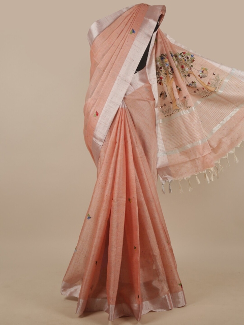 

Pothys Beige & Silver-Toned Floral Embroidered Tissue Saree