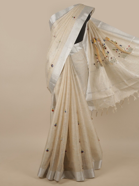 

Pothys Cream-Coloured & Silver-Toned Floral Embroidered Tissue Saree