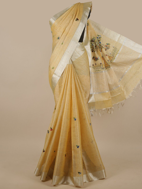 

Pothys Yellow & Blue Floral Embroidered Tissue Saree