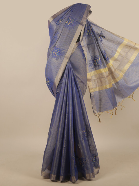 

Pothys Blue & Gold-Toned Floral Embroidered Zari Tissue Saree