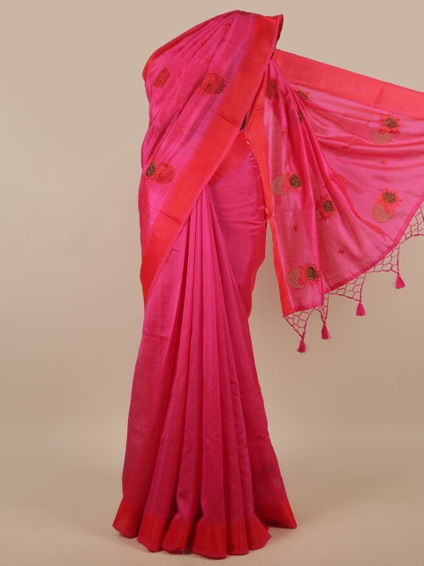 

Pothys Pink & Red Ethnic Motifs Embroidered Art Silk Saree