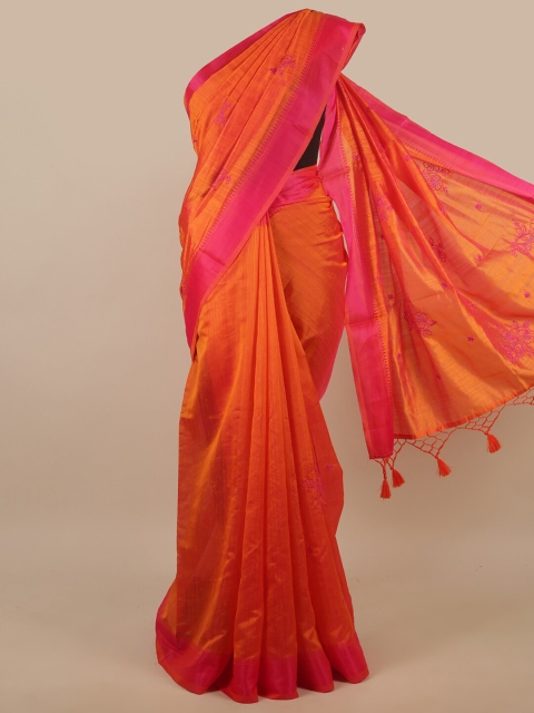 

Pothys Orange & Magenta Floral Embroidered Art Silk Saree