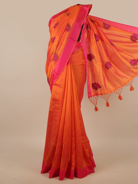 

Pothys Orange & Pink Floral Embroidered Art Silk Saree