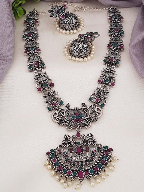 

GRIIHAM Silver-Plated Green & Pink AD-Studded & Pearl Beaded Jewellery Set