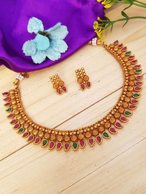 

GRIIHAM Gold-Plated Pink & Green AD-Studded Jewellery Set