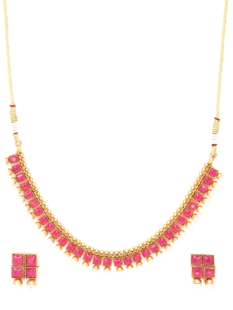 

GRIIHAM Gold-Plated Red & White AD-Studded & Pearl Beaded Jewellery Set