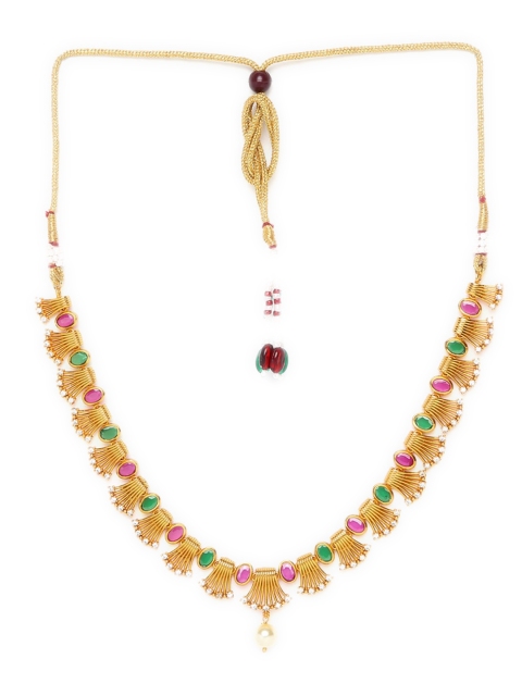 

GRIIHAM Gold-Plated Pink & White AD-Studded & Pearl Beaded Jewellery Set