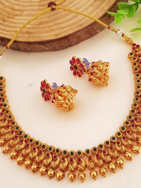 

GRIIHAM Gold-Plated Green & Pink AD-Studded Jewellery Set