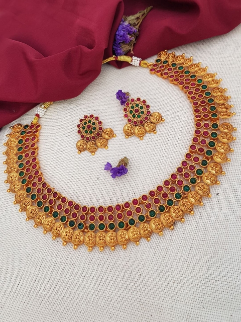 

GRIIHAM Gold-Plated Green & Pink AD-Studded Jewellery Set